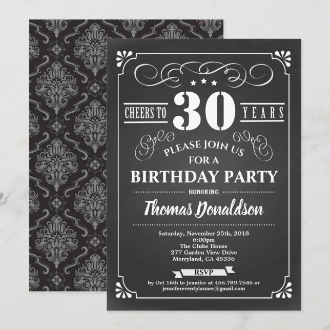Retro 30th birthday invite. Chalkboard vintage Invitation (Front/Back)