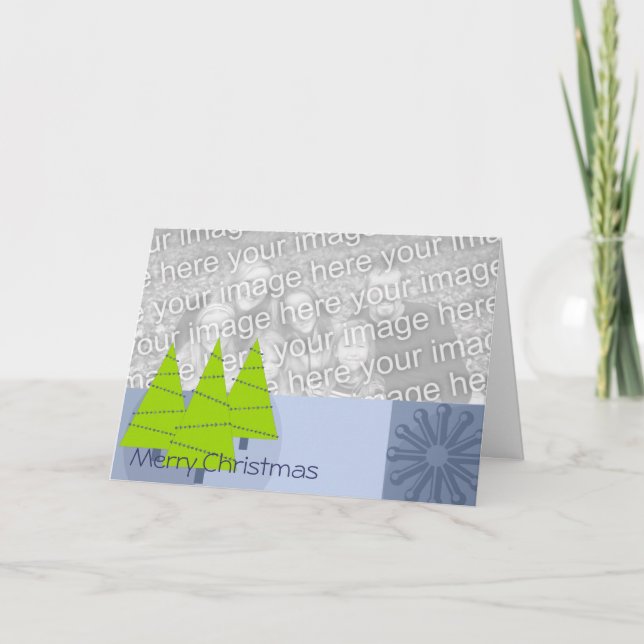 Retro 3 Trees Blue and Lime Green Merry Christmas Holiday Card (Front)