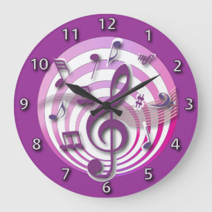Retro 3D Effect Pink Musical Notes Large Clock
