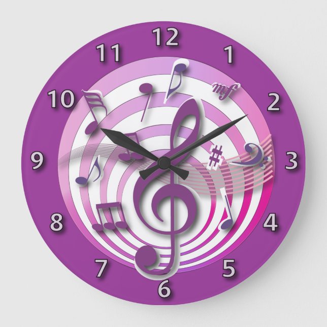 Retro 3D Effect Pink Musical Notes Large Clock (Front)