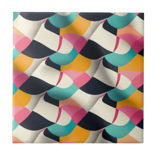 Retro 3D Geometric Pattern in Teal, Pink, Mustard Tile