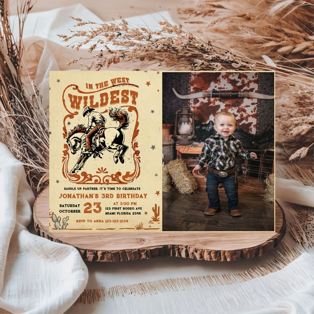 Retro 3rd Rodeo Western Cowboy Birthday Photo Invitation (Creator Uploaded)