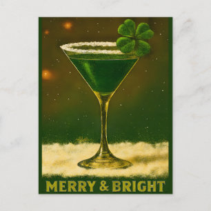 Retro 50s 4 Leaf Clover Irish Christmas Martini Postcard
