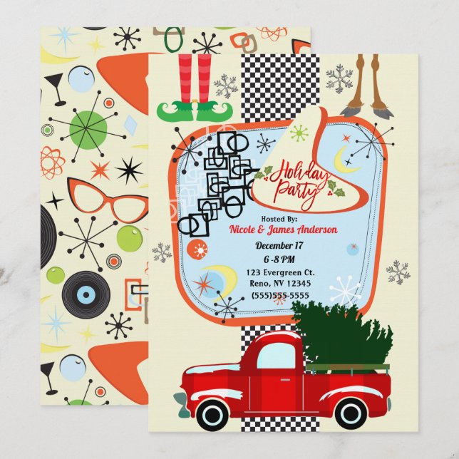 Retro 50's 60's Vintage Christmas Holiday Party Invitation (Front/Back)