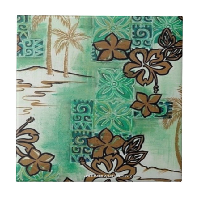 Retro 50s Atomic Tiki Print Bronze Turquoise  Tile (Front)