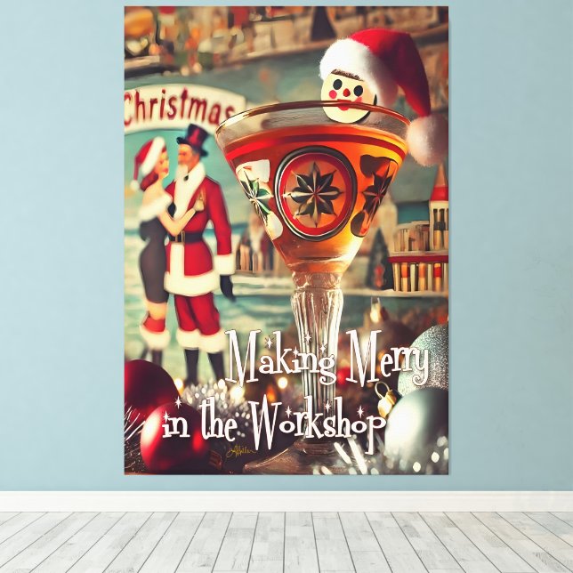 Retro 50s Cocktail Making Merry Christmas Workshop Canvas Print (Insitu(Wood Floor))