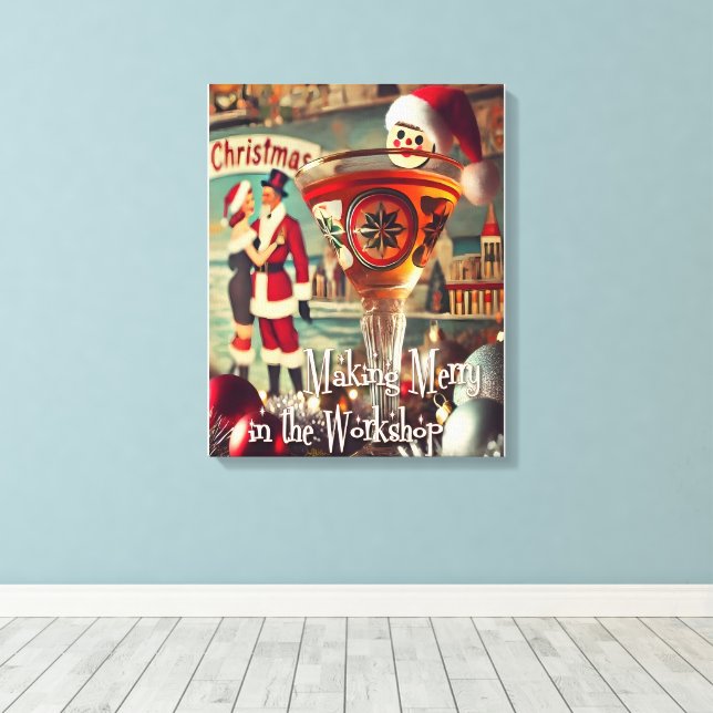Retro 50s Cocktail Making Merry Christmas Workshop Canvas Print (Insitu(Wood Floor))