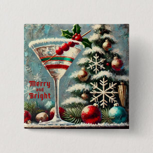 Retro 50s Cranberry Snowflake Christmas Martini 2 Inch Square Button
