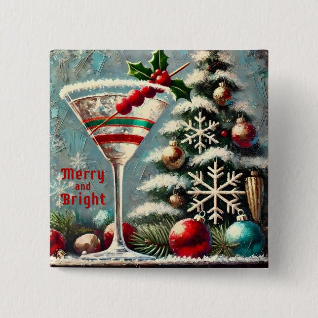 Retro 50s Cranberry Snowflake Christmas Martini 2 Inch Square Button (Front)