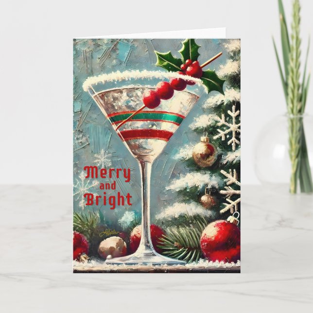 Retro 50s Cranberry Snowflake Christmas Martini Card (Front)