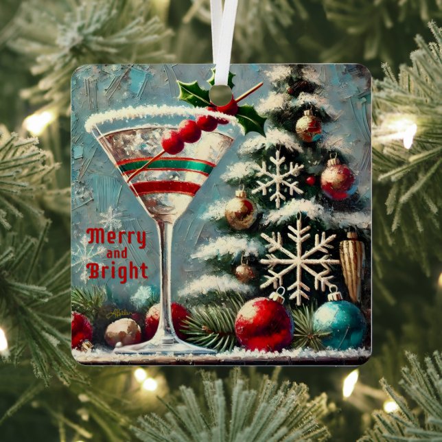 Retro 50s Cranberry Snowflake Christmas Martini Metal Ornament (Insitu)