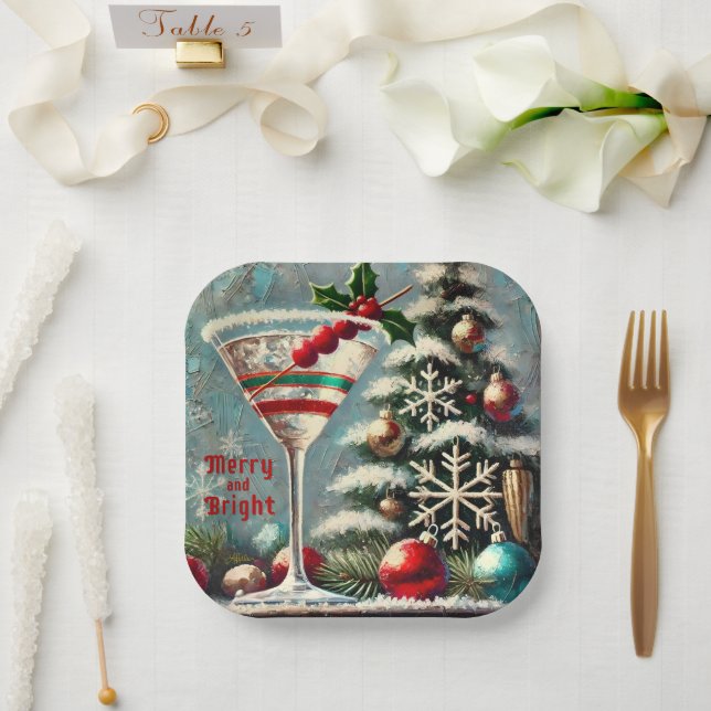 Retro 50s Cranberry Snowflake Christmas Martini Paper Plate (Wedding)