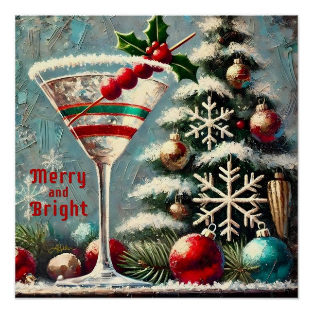 Retro 50s Cranberry Snowflake Christmas Martini Poster (Front)
