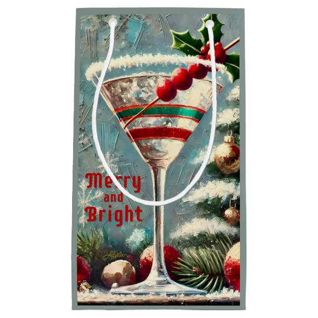 Retro 50s Cranberry Snowflake Christmas Martini Small Gift Bag (Front)