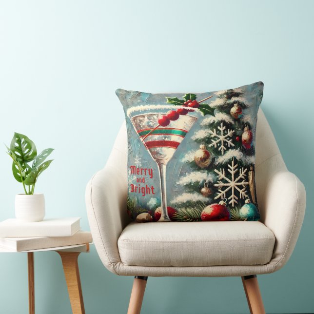 Retro 50s Cranberry Snowflake Christmas Martini Throw Pillow (Chair)