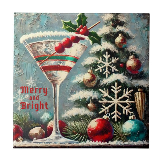 Retro 50s Cranberry Snowflake Christmas Martini Tile (Front)