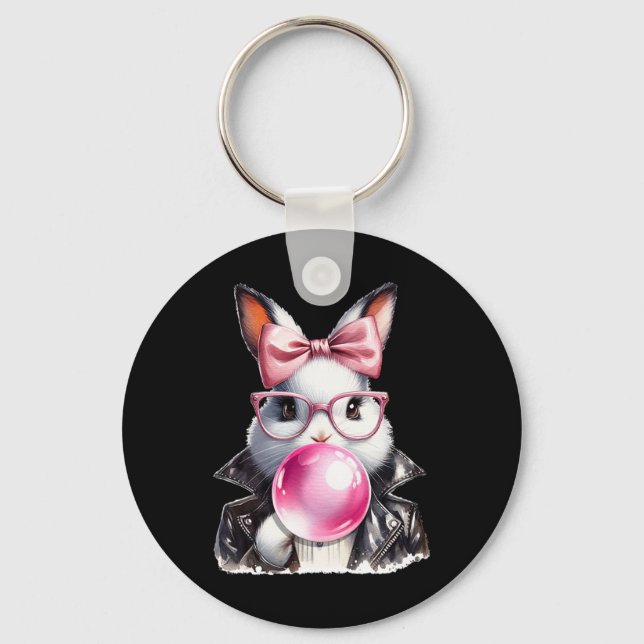 Retro 50's Cute Easter Bunny Blowing Bubble Gum 4  Keychain (Front)
