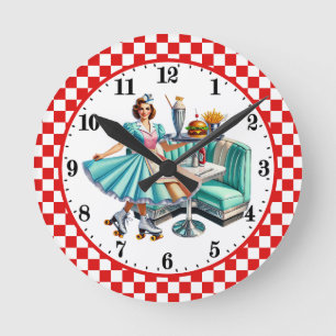Retro 50's Diner Burger fries server Round Clock