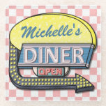 Retro 50s Diner Sign Create Your Own Custom Glass Coaster<br><div class="desc">Easily create your own custom, 1950s style diner sign glass coaster with this template. This cool, retro drink coaster has a pink-and-white chequered background with a sign that says "DINER" and "OPEN" in neon shades and space for you to add your own first or last name. The sign also has...</div>