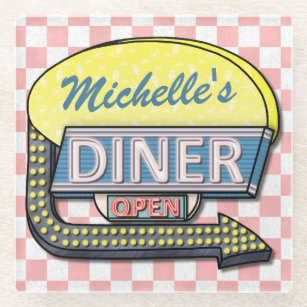 Retro 50s Diner Sign Create Your Own Custom Glass Coaster