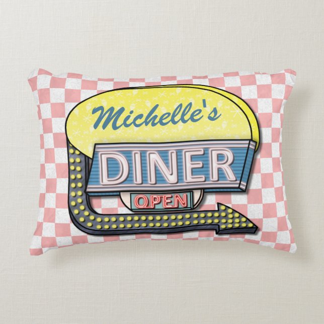 Retro 50's Diner Sign Pink Chequered Personalized Decorative Pillow (Front)