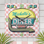 Retro 50's Diner Sign Pink Teal Personalized Name Square Wall Clock<br><div class="desc">Create your own custom, 1950's style diner sign clock using this easy template. These cool retro clocks have a slightly distressed pink-and-white chequered background with a sign on top that says "DINER" and "OPEN" in neon with space for you to add your own first or last name - or any...</div>