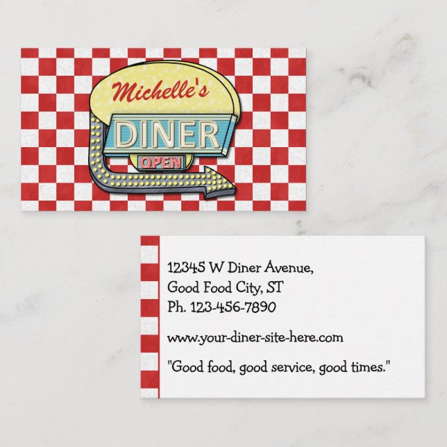 Retro 50's Diner Sign Red Chequered Restaurant Business Card (Front/Back)