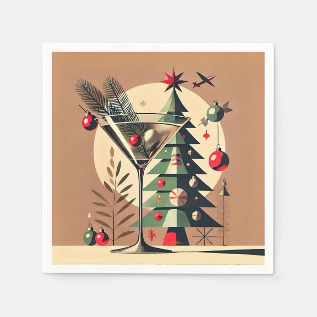 Retro 50s Jet Set Christmas Tree Martini Napkin (Front)