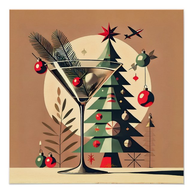 Retro 50s Jet Set Christmas Tree Martini Poster (Front)