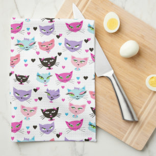 Retro 50's Kitty Girl Cat Hearts Bows Kitchen Towel