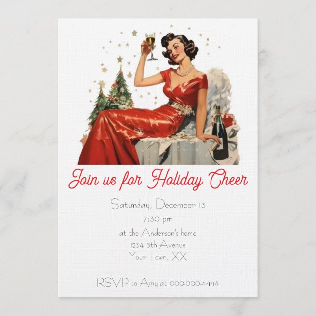 Retro 50's Lady in Red Christmas Party Invitation (Front)