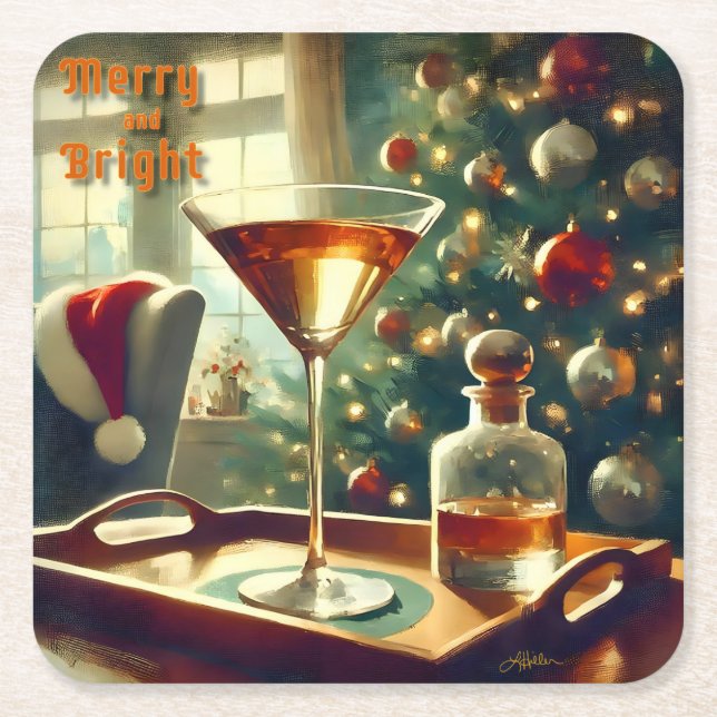 Retro 50s Manhattan Martini For Santa Square Paper Coaster (Front)