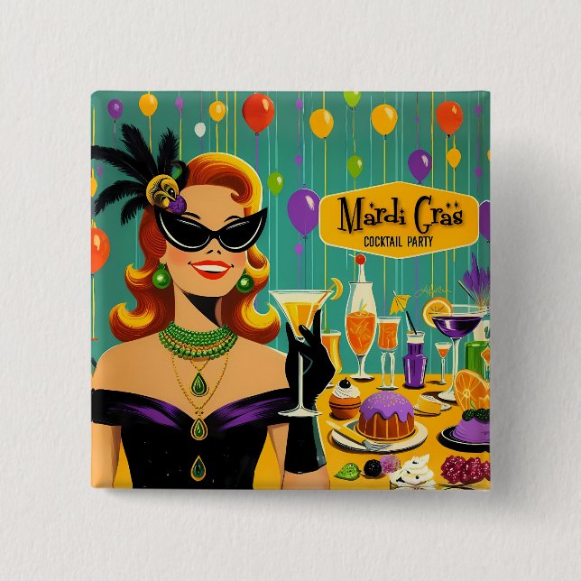 Retro 50s Mardi Gras Cocktail Party 2 Inch Square Button (Front)