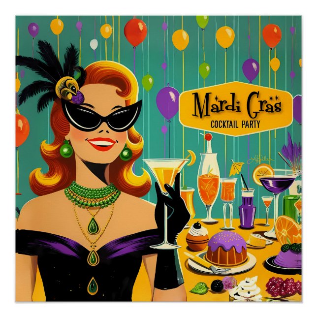 Retro 50s Mardi Gras Cocktail Party Poster (Front)