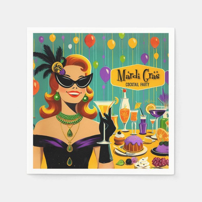 Retro 50s Mardi Gras Martini Cocktail Party Napkin (Front)