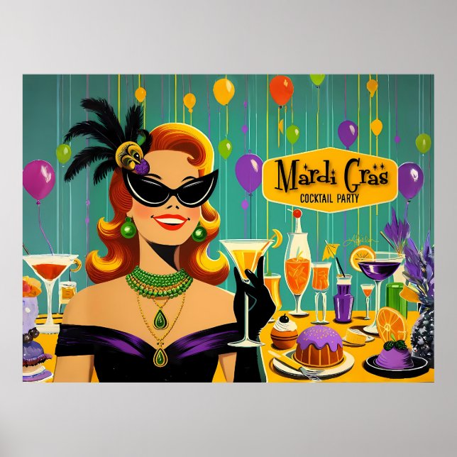 Retro 50s Mardi Gras Martini Cocktail Party Poster (Front)