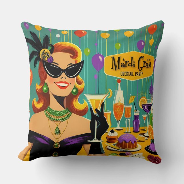 Retro 50s Mardi Gras Martini Cocktail Party Throw Pillow (Front)