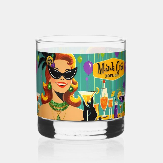 Retro 50s Mardi Gras Martini Cocktail Party Whiskey Glass (Front)