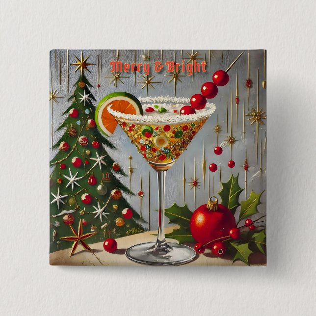 Retro 50s Merry Bright Christmas Candy Cocktail 2 Inch Square Button (Front)