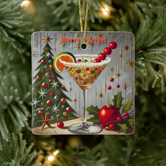 Retro 50s Merry Bright Christmas Candy Cocktail Ceramic Ornament (Tree)