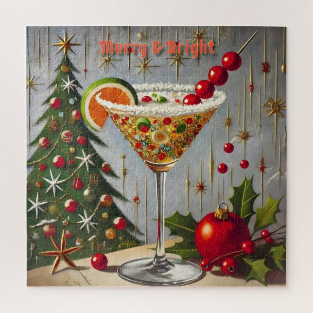 Retro 50s Merry Bright Christmas Candy Cocktail Jigsaw Puzzle (Vertical)