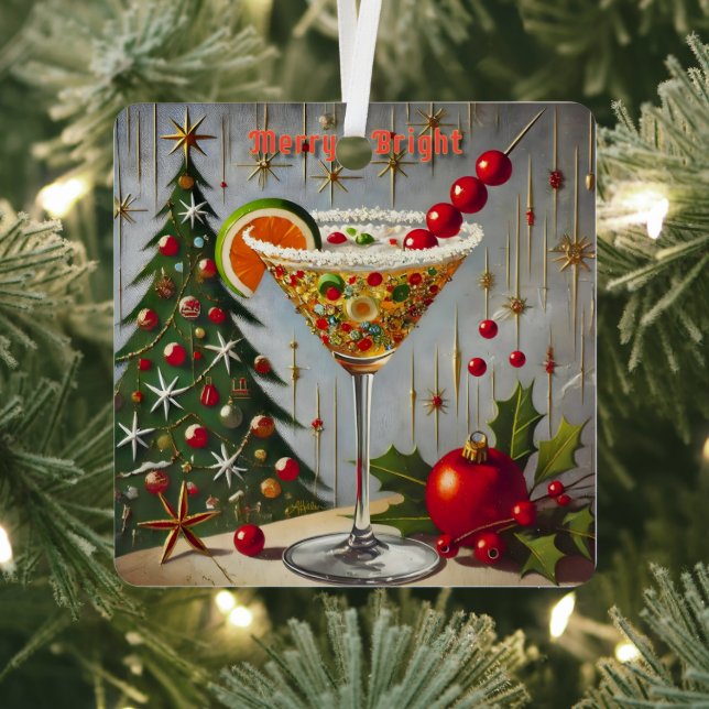 Retro 50s Merry Bright Christmas Candy Cocktail Metal Ornament (Insitu)