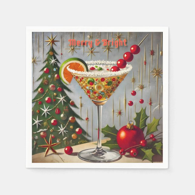 Retro 50s Merry Bright Christmas Candy Cocktail Napkin (Front)