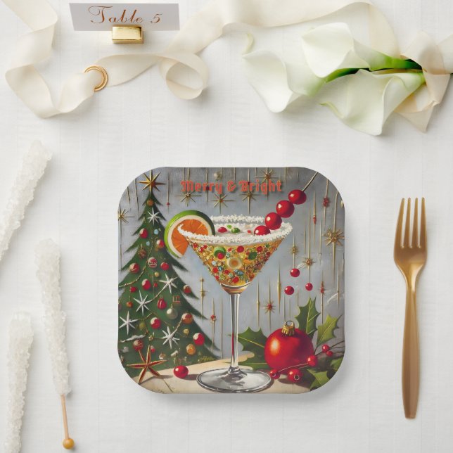 Retro 50s Merry Bright Christmas Candy Cocktail Paper Plate (Wedding)