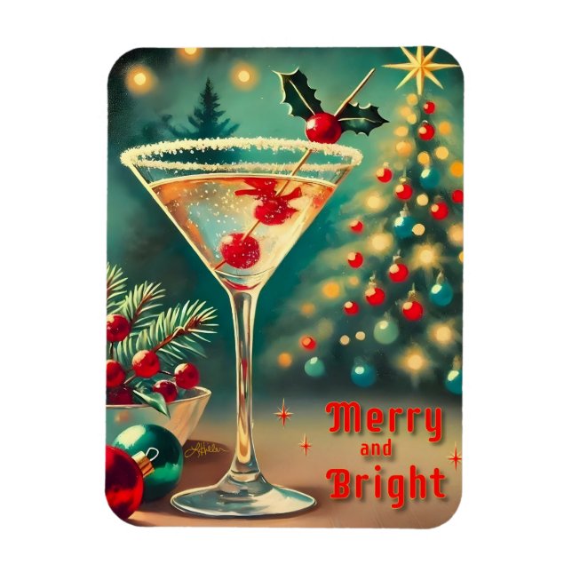 Retro 50s Merry Bright Christmas Cocktail Martini Magnet (Vertical)