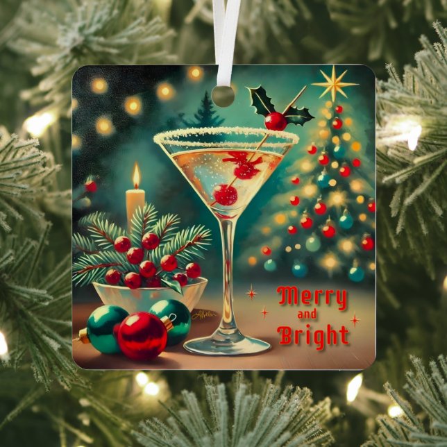 Retro 50s Merry Bright Christmas Cocktail Martini Metal Ornament (Insitu)