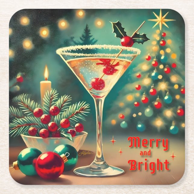Retro 50s Merry Bright Christmas Cocktail Martini Square Paper Coaster (Front)