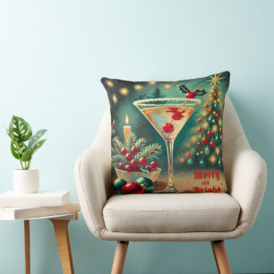 Retro 50s Merry Bright Christmas Cocktail Martini Throw Pillow