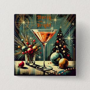 Retro 50s Merry & Bright Christmas Martini 2 Inch Square Button