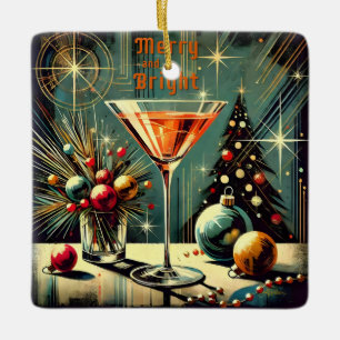 Retro 50s Merry & Bright Christmas Martini Ceramic Ornament